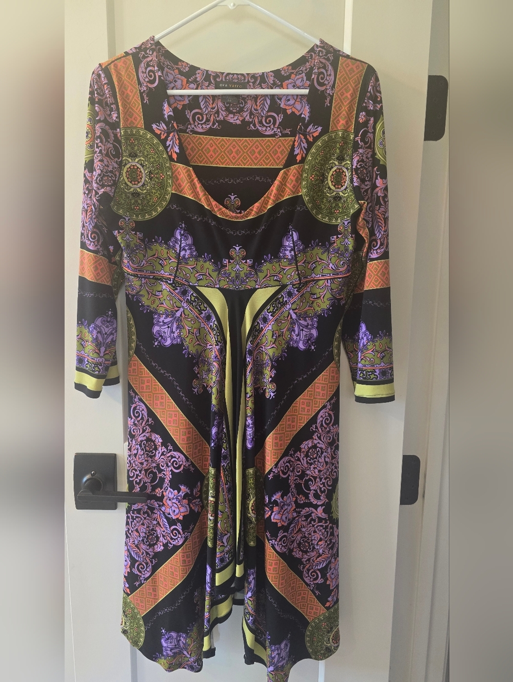 Eva Varro Black Knit Dress with Purple, Green & Orange Medallion Print Size M